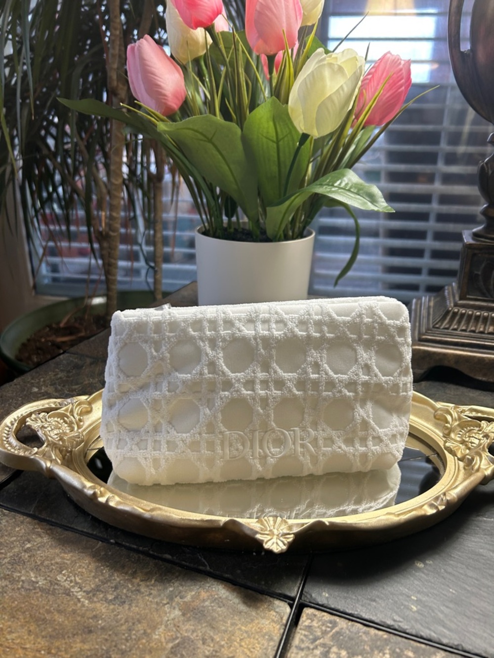 Dior White Quilted Make Up Pouch